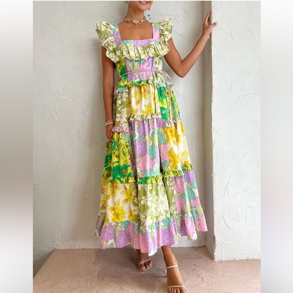 New Dalia Macphee Floral Patchwork Maxi Dress size S color Lime Multi - Picture 12 of 16